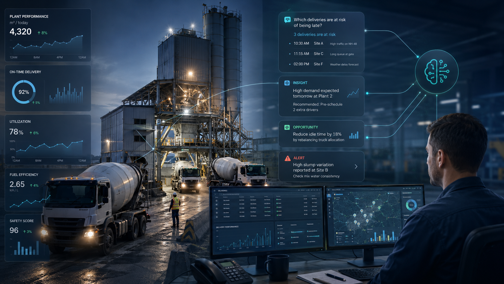 AI Agents and dashboards working together to help ready-mix producers move from performance visibility to faster decisions and action. AI Agents and dashboards working together to help ready-mix producers move from performance visibility to faster decisions and action.