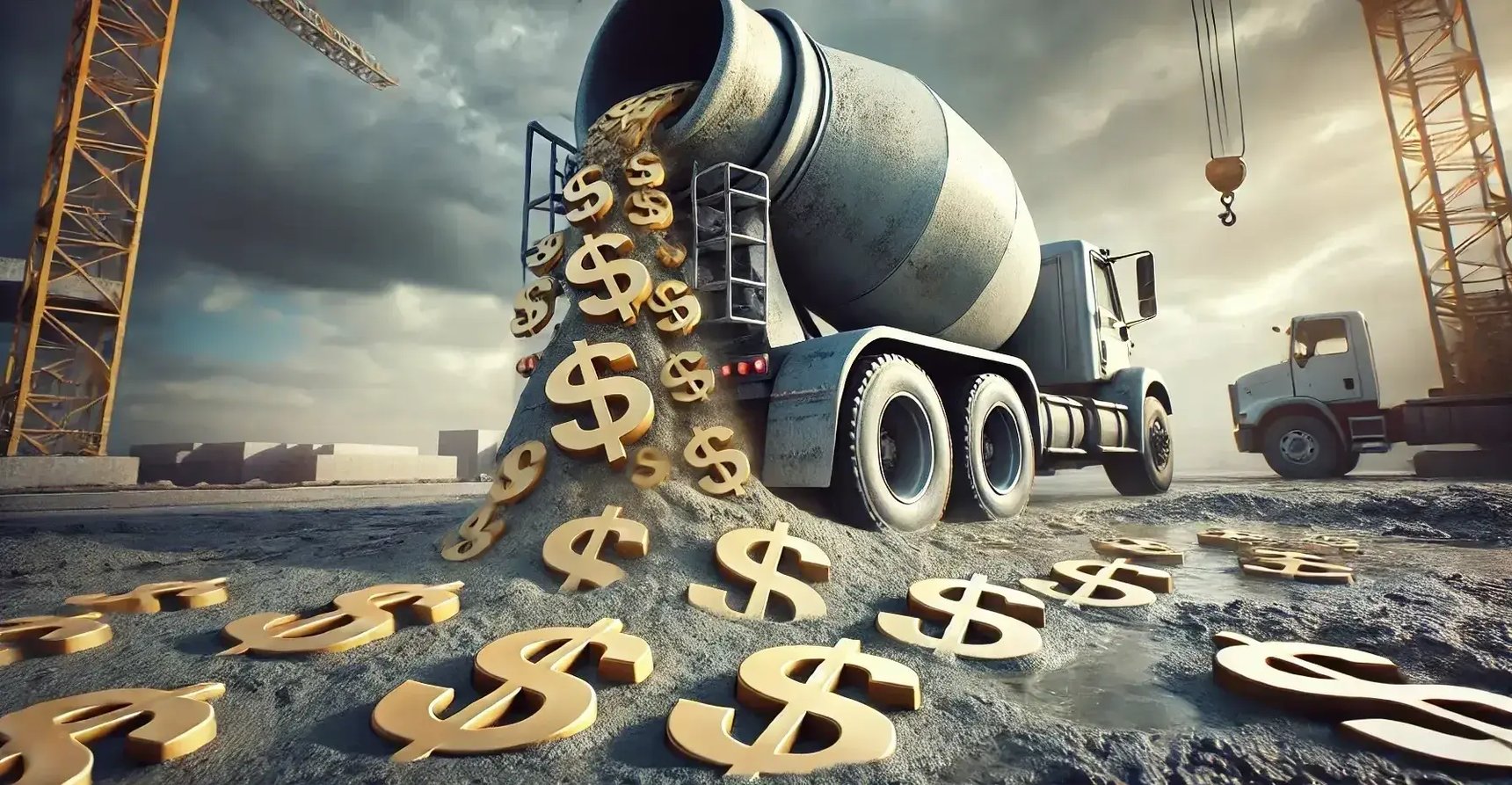 DALL·E 2024-10-30 16-01-06 - A high-angle view of a concrete mixer truck on a construction site, with large golden dollar symbols pouring from the drum like wet cement, pooling on DALL·E 2024-10-30 16-01-06 - A high-angle view of a concrete mixer truck on a construction site, with large golden dollar symbols pouring from the drum like wet cement, pooling on